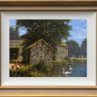 Lake District art original oil painting Out on the Farm by Edward Hersey in a gold frame with white slip.