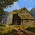 lake district art original oil painting by edward hersey featuring a countryside scene in summer of rural english farm culture with an old barn and chickens