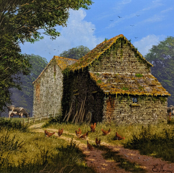 lake district art original oil painting by edward hersey featuring a countryside scene in summer of rural english farm culture with an old barn and chickens