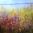 lake district art original oil painting by local artist Jeff Sudders. Sailboats on lake Windermere with blue skies and colourful blooming flowers in the foreground with gold leaf elements.
