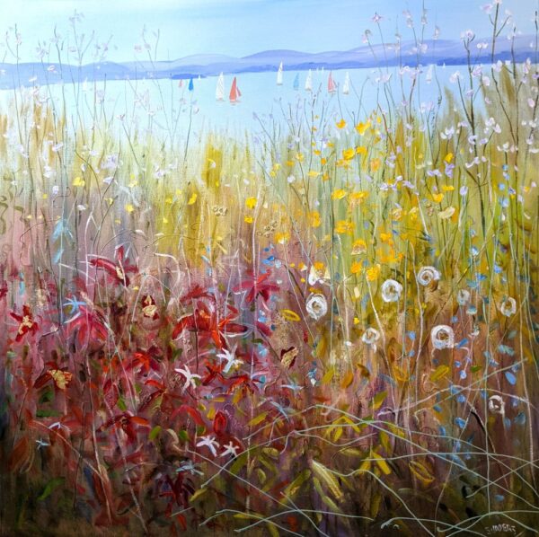 lake district art original oil painting by local artist Jeff Sudders. Sailboats on lake Windermere with blue skies and colourful blooming flowers in the foreground with gold leaf elements.