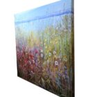 lake district art original oil painting by local artist Jeff Sudders. Sailboats on lake Windermere with blue skies and colourful blooming flowers in the foreground with gold leaf elements.