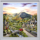 Lake District art original acrylic and oil painting featuring quirky cottages and a red beetle driving along a winding road. Fields fells and sunset in the distance.