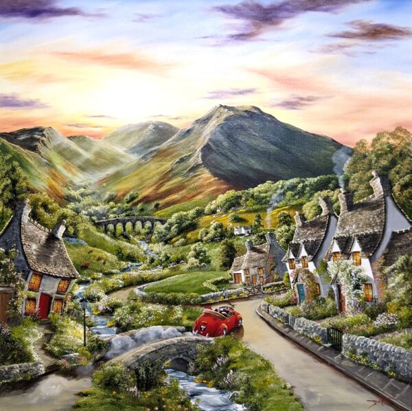 Lake District art original acrylic and oil painting featuring quirky cottages and a red beetle driving along a winding road. Fields fells and sunset in the distance.