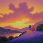 Lake district art romantic original oil painting by david renshaw. Saving all my love for you. Ted and Doris with red love heart overlooking the lake at sunset