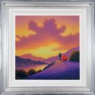 Lake district art romantic original oil painting by david renshaw. Saving all my love for you. Ted and Doris with red love heart overlooking the lake at sunset