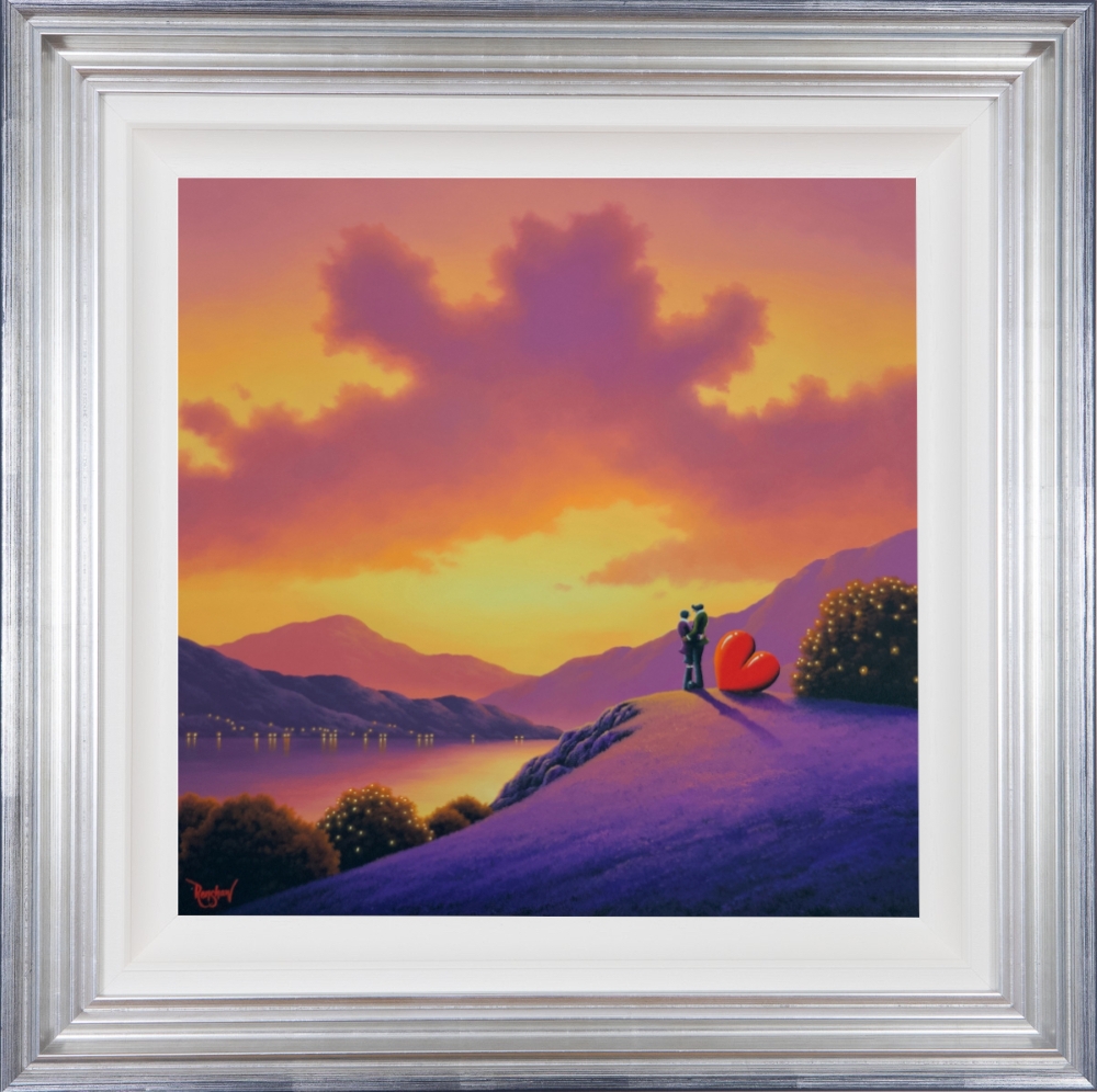 Lake district art romantic original oil painting by david renshaw. Saving all my love for you. Ted and Doris with red love heart overlooking the lake at sunset