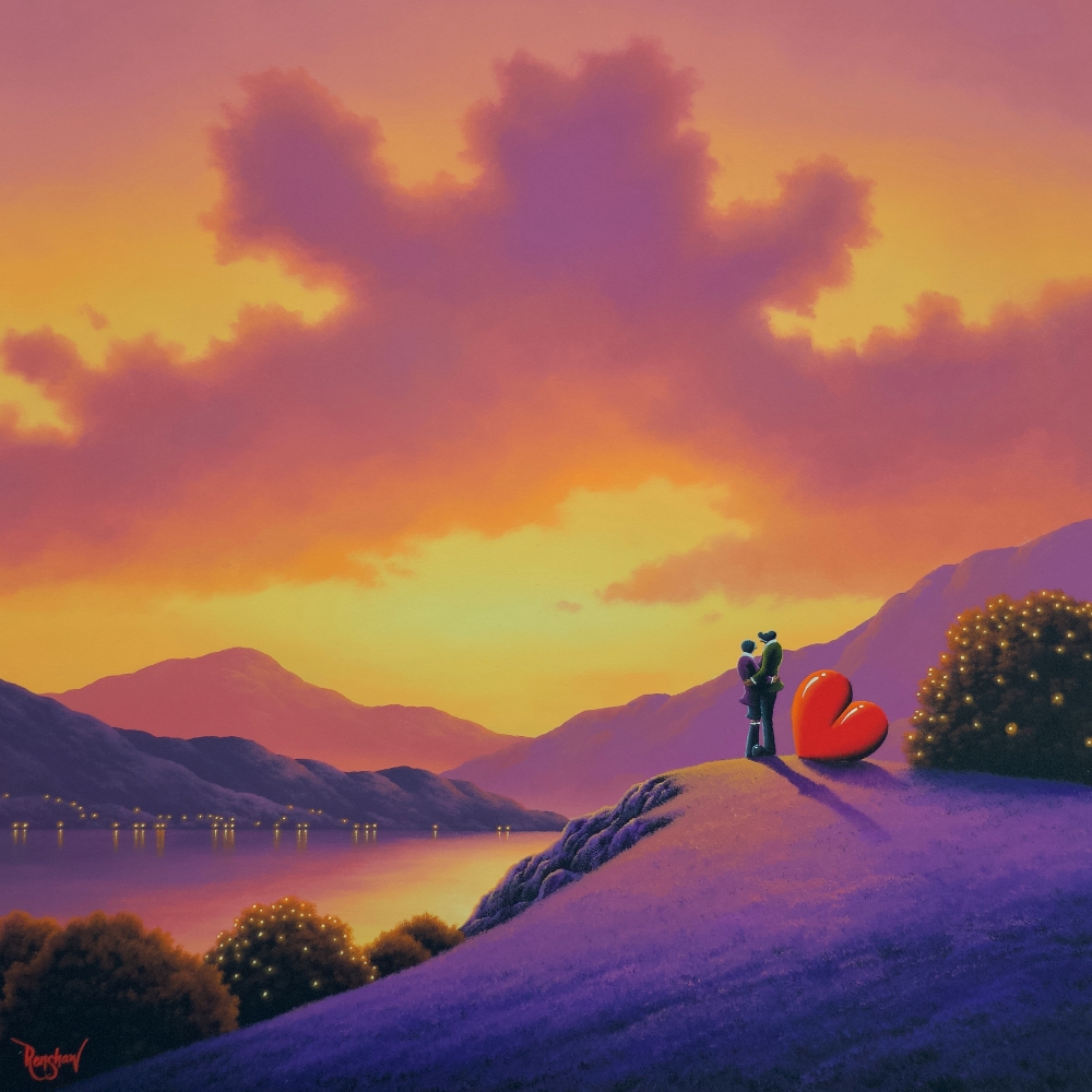 Saving All My Love For You by David Renshaw Lake district art romantic original oil painting by david renshaw. Saving all my love for you. Ted and Doris with red love heart overlooking the lake at sunset