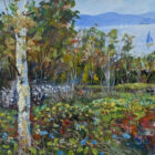 Lake District art original oil painting by Jeff Sudders silver birches and colourful wildflower woodland path overlooking windermere