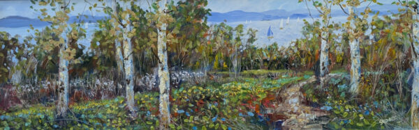 Lake District art original oil painting by Jeff Sudders silver birches and colourful wildflower woodland path overlooking windermere