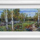 Lake District art original oil painting by Jeff Sudders silver birches and colourful wildflower woodland path overlooking windermere