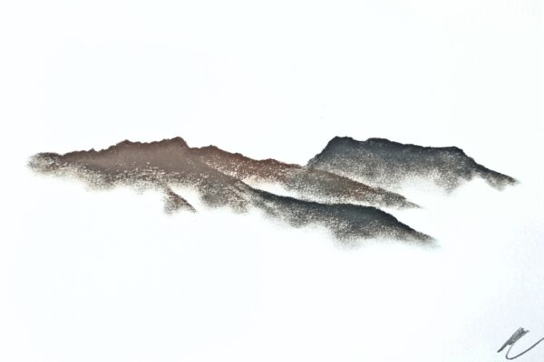 original charcoal art by lake district artist Daniel cooper Solitude Form 26 Loughrigg from Rydal Water Cumbria mountain silhouette