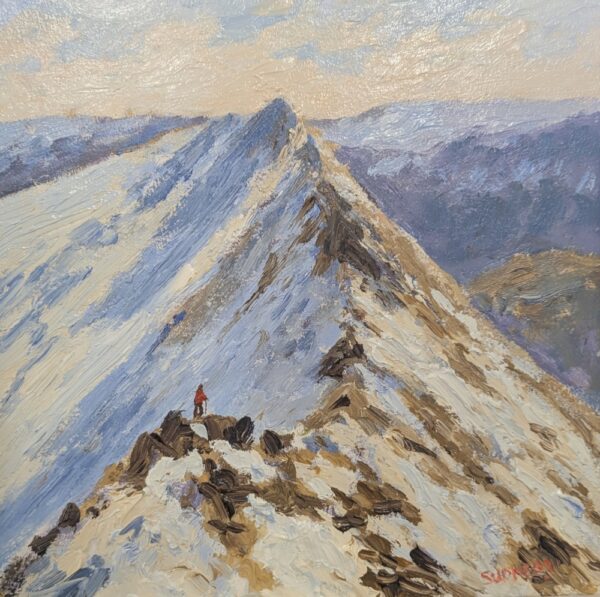 Original oil painting by Lake District artist Jeff Sudders. Featuring a walker on Striding Edge Helvellyn in the snow