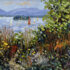 Derwentwater with colourful sailing boats, distant fells, and a foreground of wild grasses, shrubs, and yellow wildflowers viewed from the lakeshore