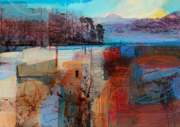Giclee print by Kate Boyce of the Lake District. Mixed media photography and paint limited edition print of sunrise at blea tarn.