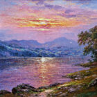 Original oil painting by Andrew Grant Kurtis of Coniston Water in the Lake District with the sun setting over Coniston Old Man