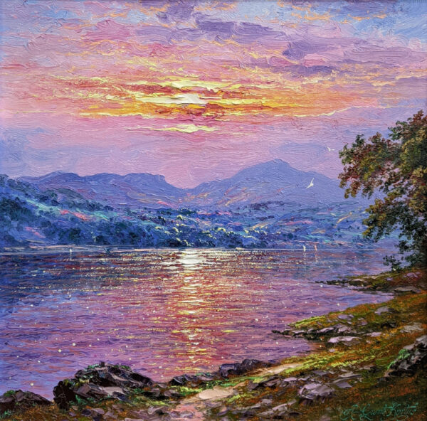 Original oil painting by Andrew Grant Kurtis of Coniston Water in the Lake District with the sun setting over Coniston Old Man
