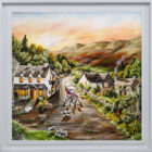Lake District art original acrylic and oil painting featuring Queens Head Hotel with red Volkswagen camper van being obstructed by herd of sheep.