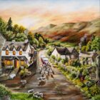 Lake District art original acrylic and oil painting featuring Queens Head Hotel with red Volkswagen camper van being obstructed by herd of sheep.