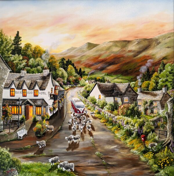 Lake District art original acrylic and oil painting featuring Queens Head Hotel with red Volkswagen camper van being obstructed by herd of sheep.