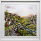 Lake District art original oil acrylic painting by Caroline Deighton featuring quirky cottage houses and motorbike with passenger driving over a bridge and winding roads.