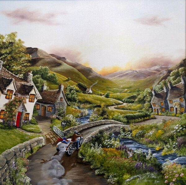 Lake District art original oil acrylic painting by Caroline Deighton featuring quirky cottage houses and motorbike with passenger driving over a bridge and winding roads.