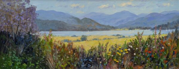 Lake District art original oil painting by Jeff Sudders. A summer scene of Ullswater bright foliage in the foreground yellow fields and vast view off the lake and fells in the distance.