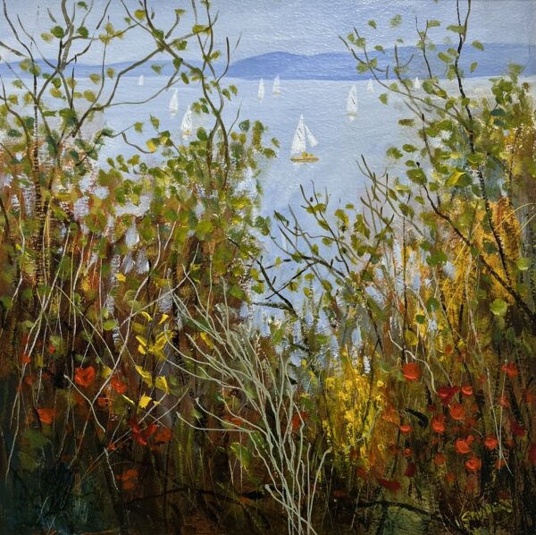 Original oil painting by Jeff Sudders showing white sailing boats, viewed through wild grasses, leafy branches and red poppies in the foreground. Soft blue hills fade into the distance, creating a peaceful Lake District summer scene with rich texture and layered brushstrokes.