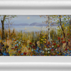 Lake District art original oil painting colourful shoreline by Jeff Sudders of a wildflower meadow and silver birches overlooking lake windermere