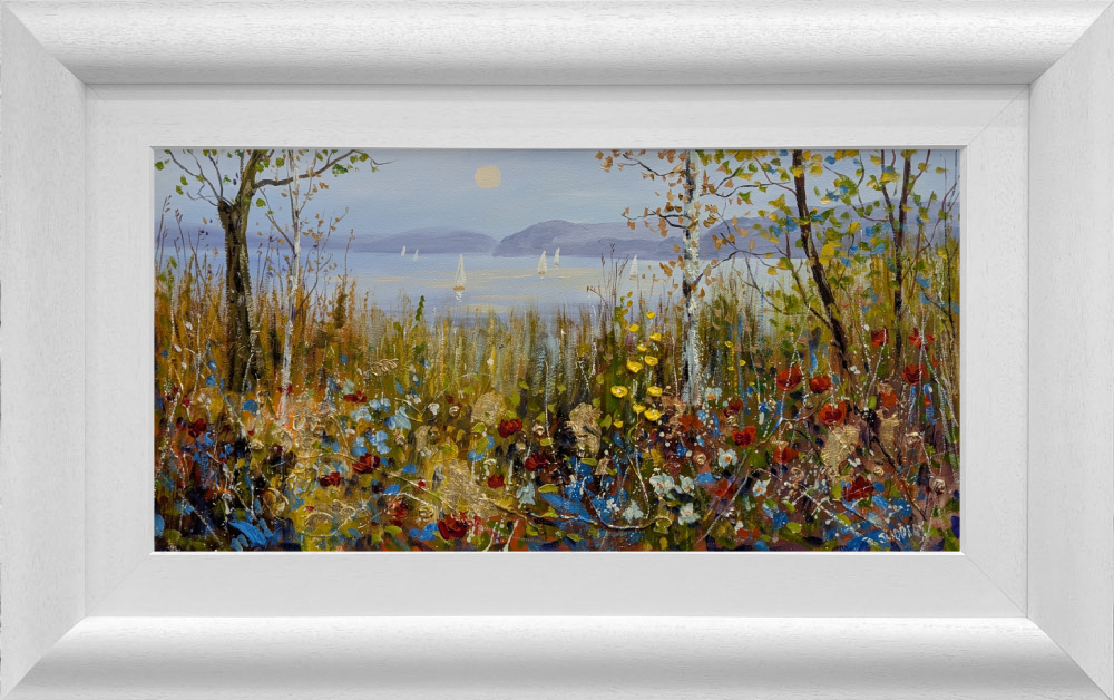 Lake District art original oil painting colourful shoreline by Jeff Sudders of a wildflower meadow and silver birches overlooking lake windermere