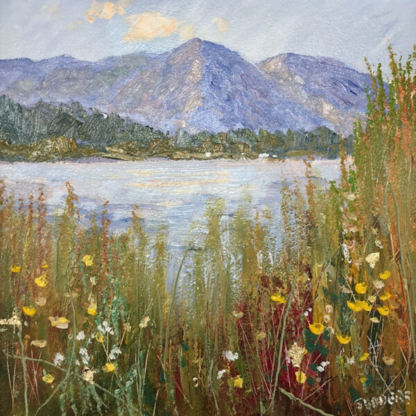 Original oil painting by Lake District artist Jeff Sudders. on the shore of grasmere with helm crag and gold leaf