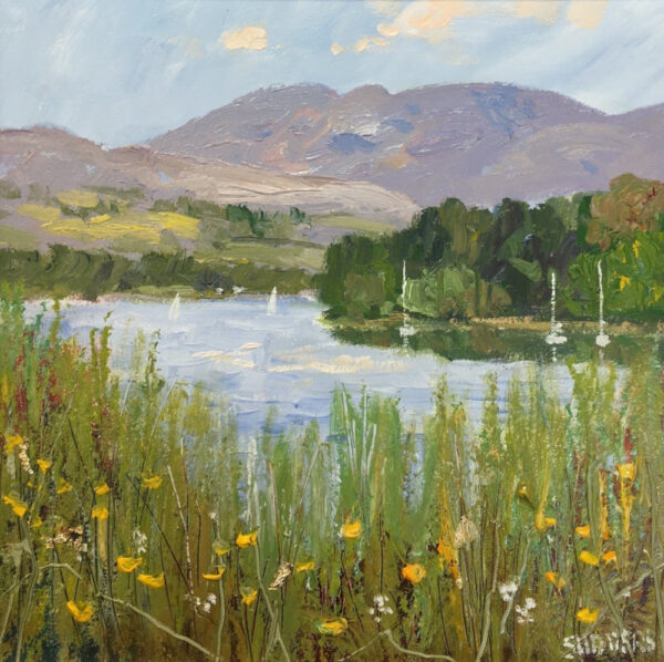 Original oil painting by Lake District artist Jeff Sudders. on the shore of windermere summer scene with gold leaf