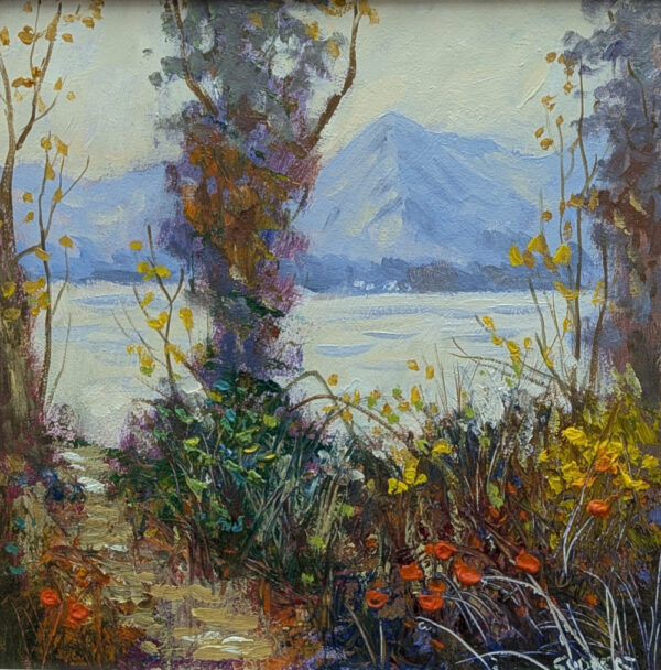 Original oil painting by Lake District artist Jeff Sudders. a corner of grasmere featuring helm crag