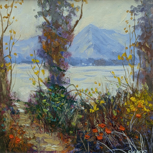 Original oil painting by Lake District artist Jeff Sudders. a corner of grasmere featuring helm crag
