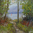 Original oil painting by Lake District artist Jeff Sudders. a corner of windermere shoreline path to lake and fells