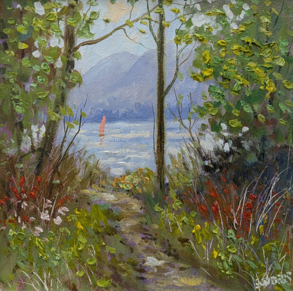 Original oil painting by Lake District artist Jeff Sudders. a corner of windermere shoreline path to lake and fells