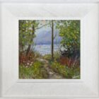 Original oil painting by Lake District artist Jeff Sudders. a corner of windermere shoreline path to lake and fells