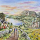 Lake District art original oil and acrylic painting A Graceful Gaggle of Geese by Caroline Deighton in her quirky illustrative style of a couple walking down a country lane and wild geese flying overhead.