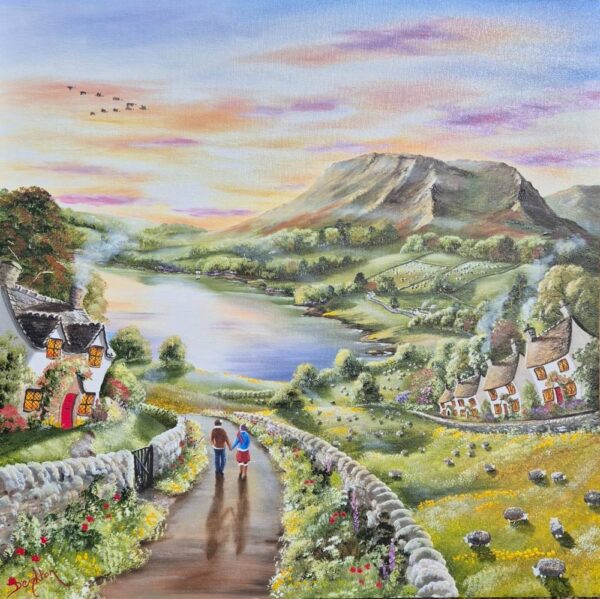 Lake District art original oil and acrylic painting A Graceful Gaggle of Geese by Caroline Deighton in her quirky illustrative style of a couple walking down a country lane and wild geese flying overhead.