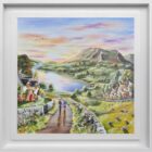 Lake District art original painting A Graceful Gaggle of Geese by Caroline Deighton in a white wood frame.