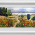 Lake District art original oil painting A Summer Afternoon by Jeff Sudders featuring poppy meadows and centred path leading to the lake. Sailboat with red sail floating on the water.