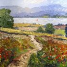 Lake District art original oil painting A Summer Afternoon by Jeff Sudders featuring poppy meadows and centred path leading to the lake. Sailboat with red sail floating on the water.