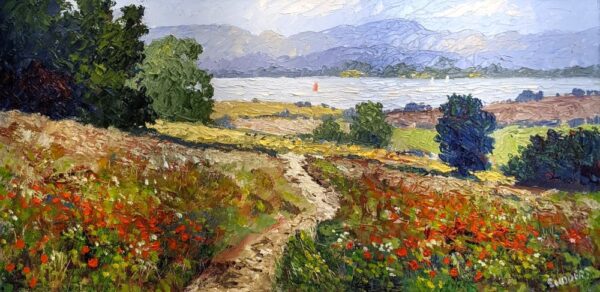 Lake District art original oil painting A Summer Afternoon by Jeff Sudders featuring poppy meadows and centred path leading to the lake. Sailboat with red sail floating on the water.