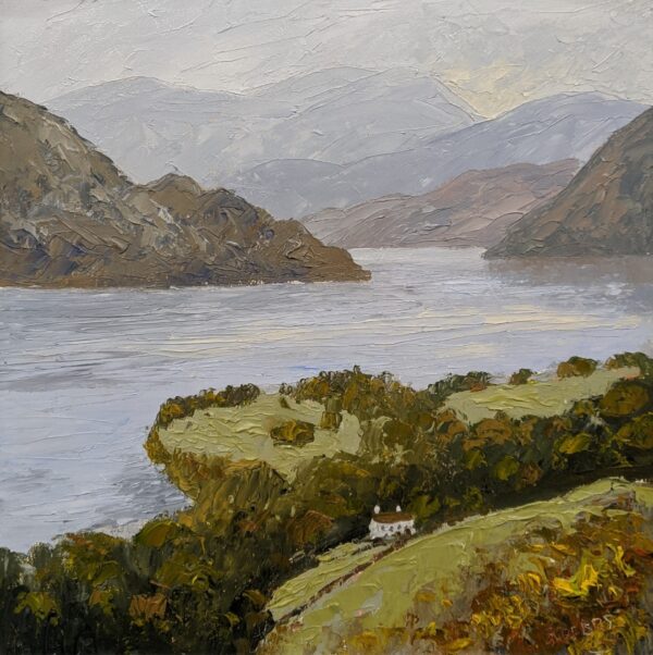 A textured autumn landscape shows a lake winding between rugged hills, with a green peninsula, trees, and a small white house.