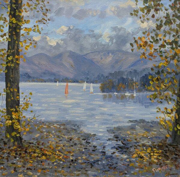 Lake District art original oil painting by Jeff Sudders. Lake Windermere in the foreground and fairfield horseshoe in distance