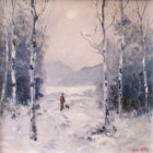 Lake District art original oil painting A Winter Afternoon by Jeff Sudders of a man walking his dog along a snowy path through trees with the moon in the sky above the mountains.