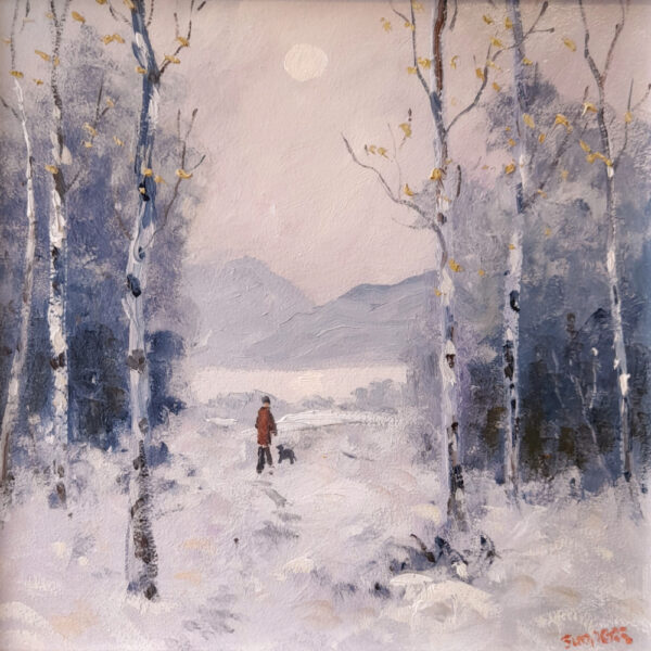 Lake District art original oil painting A Winter Afternoon by Jeff Sudders of a man walking his dog along a snowy path through trees with the moon in the sky above the mountains.