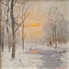 Lake District art original oil painting A Winter Walk by Jeff Sudders of a man and his dog walking through the snow by a river with trees and a yellow sunset.