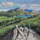 lake district art original oil painting by local artist simon whitfield ascending lingmoor in the langdale valley looking towards little langdale tarn and coniston fells