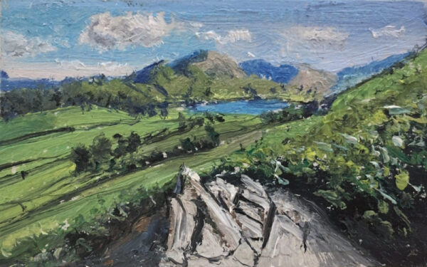 lake district art original oil painting by local artist simon whitfield ascending lingmoor in the langdale valley looking towards little langdale tarn and coniston fells